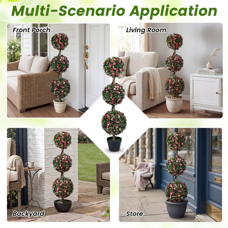 Set of 2 43.5" Artificial Triple Ball Rose Topiary Tree with Lifelike Blooms and Green Leaves
