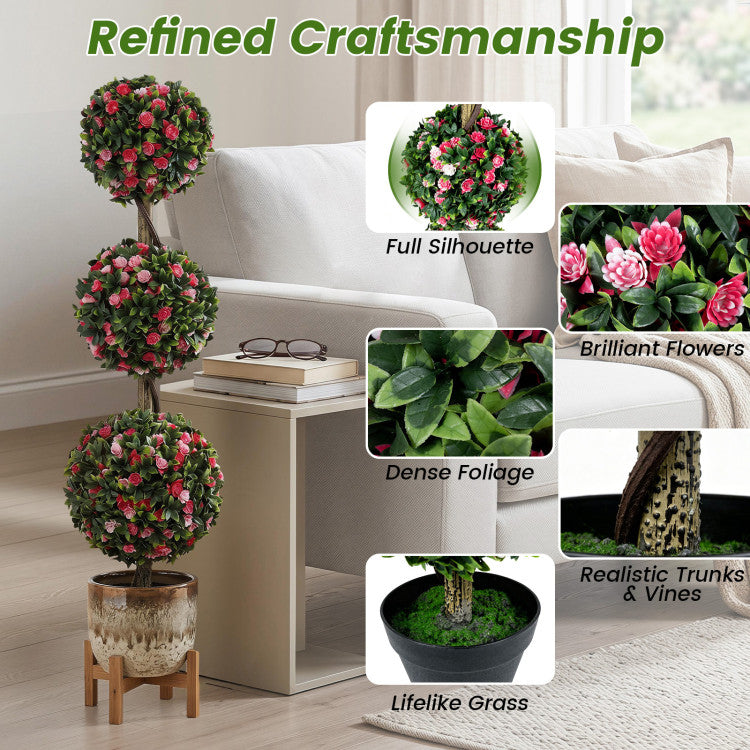 Set of 2 43.5" Artificial Triple Ball Rose Topiary Tree with Lifelike Blooms and Green Leaves