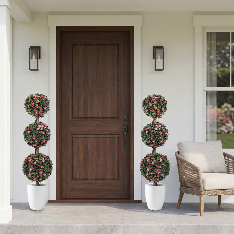 Set of 2 43.5" Artificial Triple Ball Rose Topiary Tree with Lifelike Blooms and Green Leaves