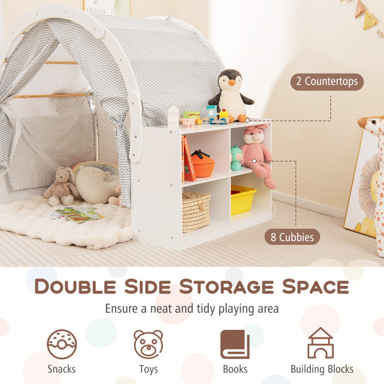 Wooden Kids Play Tent with Curtain Shades and 8 Cubbies