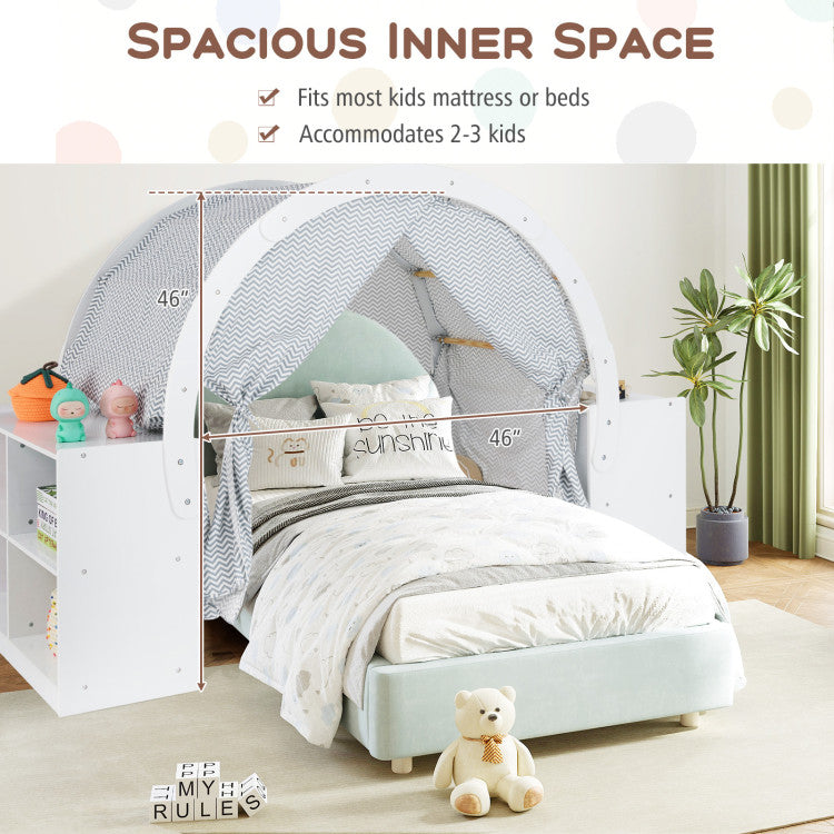 Wooden Kids Play Tent with Curtain Shades and 8 Cubbies