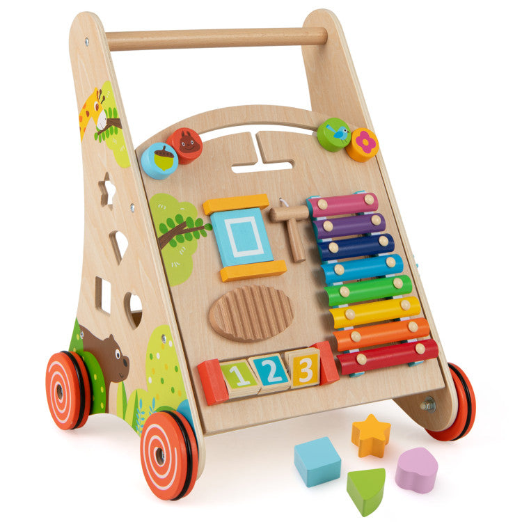 Wooden Push and Pull Baby Walker with Handle and Storage