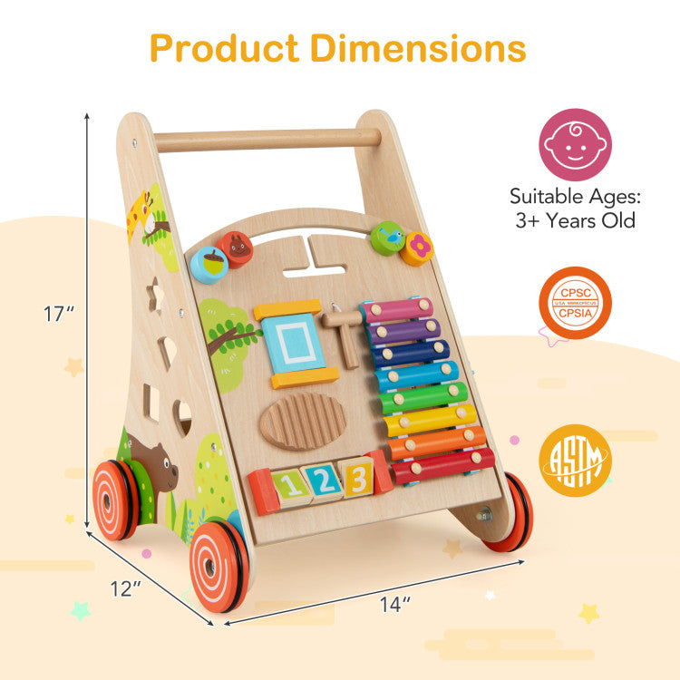Wooden Push and Pull Baby Walker with Handle and Storage